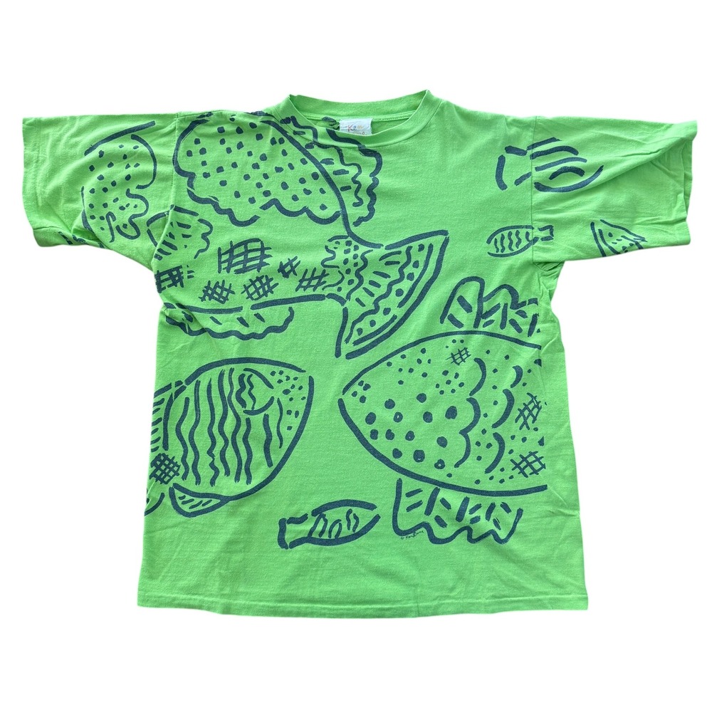 Ken Done AOP Fish T Shirt Vintage 90s Neon Green All Over Print Large L